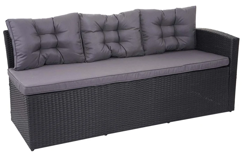 Ensemble complet de salon de jardin terrasse balcon véranda en polyrotin noir coussin gris foncé avec banc 04_0003045