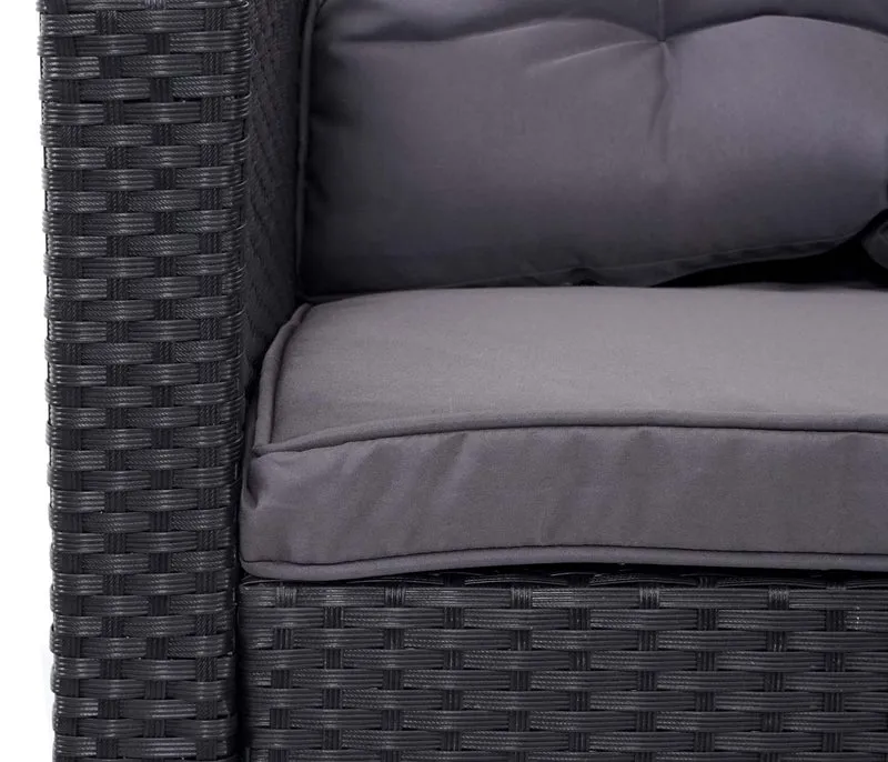 Ensemble complet de salon de jardin terrasse balcon véranda en polyrotin noir coussin gris foncé avec banc 04_0003045