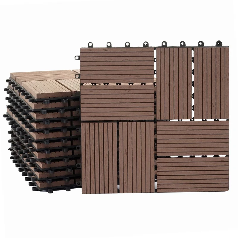 Carrelage de sol WPC balcon terrasse aspect bois 11 pièces 30x30cm 1m² décalage en teck couleur café 04_0005442