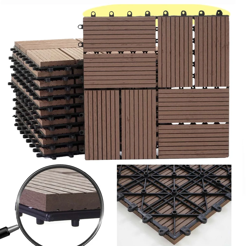 Carrelage de sol WPC balcon terrasse aspect bois 11 pièces 30x30cm 1m² décalage en teck couleur café 04_0005442
