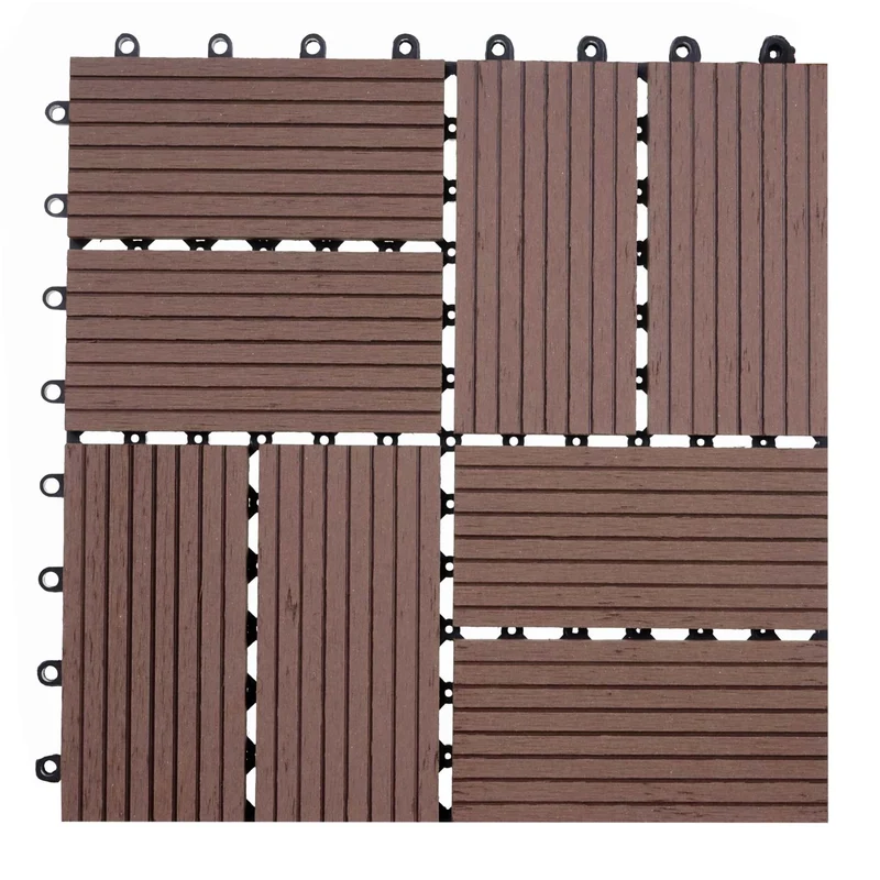 Carrelage de sol WPC balcon terrasse aspect bois 11 pièces 30x30cm 1m² décalage en teck couleur café 04_0005442