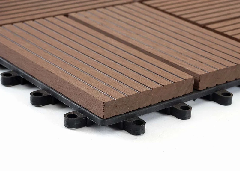 Carrelage de sol WPC balcon terrasse aspect bois 11 pièces 30x30cm 1m² décalage en teck couleur café 04_0005442