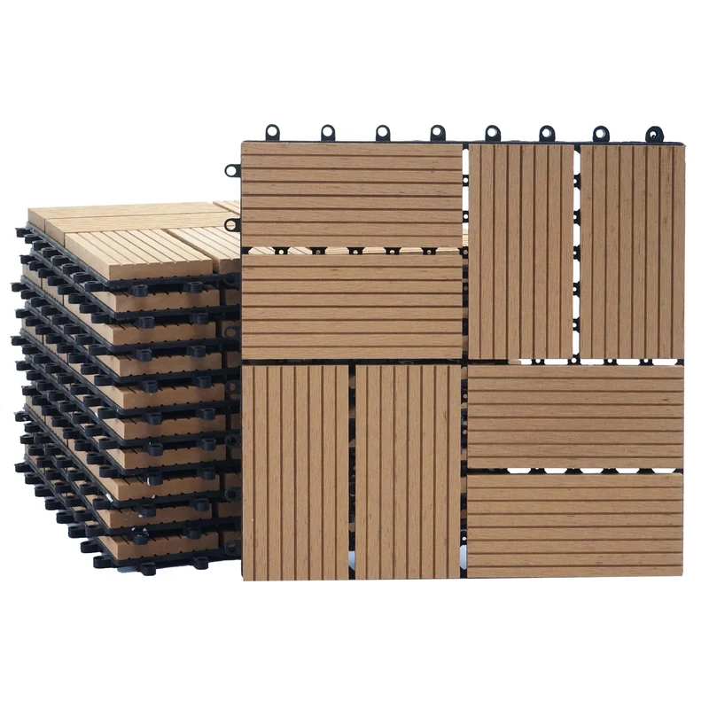 Carrelage de sol WPC balcon terrasse aspect bois 11 pièces 30x30cm 1m² décalage en teck 04_0005440