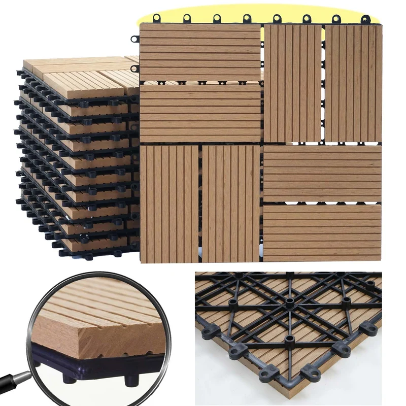 Carrelage de sol WPC balcon terrasse aspect bois 11 pièces 30x30cm 1m² décalage en teck 04_0005440
