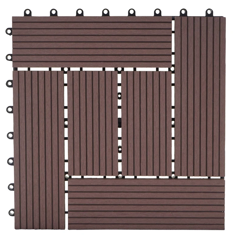 Carrelage de sol WPC balcon terrasse aspect bois 11 pièces 30x30cm 1m² décalage en teck couleur café 04_0005438
