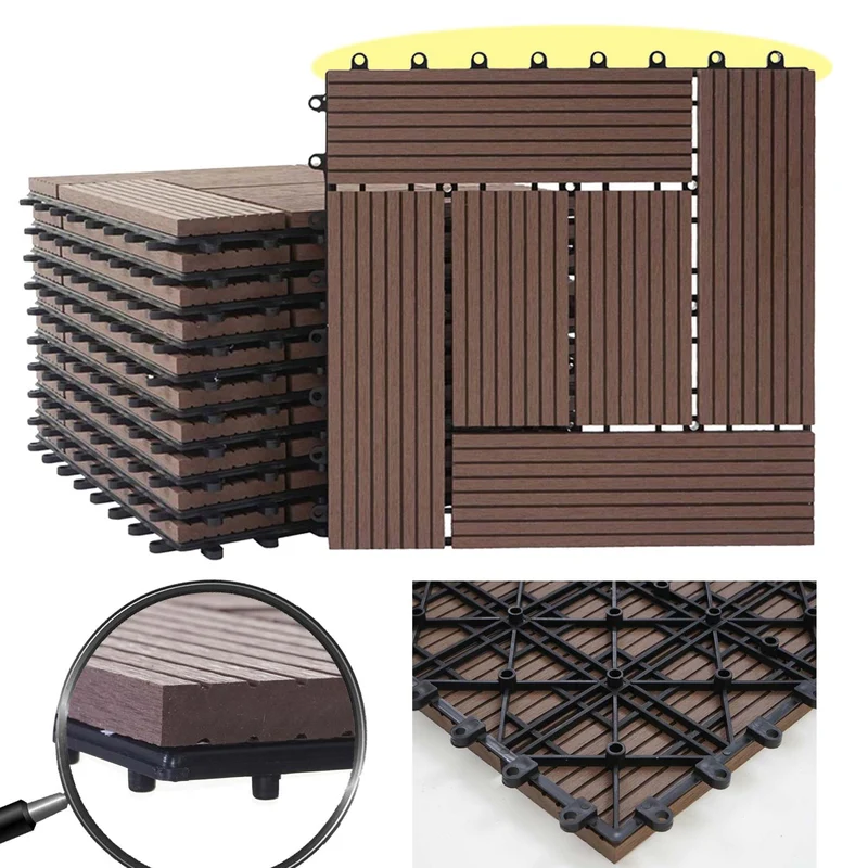 Carrelage de sol WPC balcon terrasse aspect bois 11 pièces 30x30cm 1m² décalage en teck couleur café 04_0005438