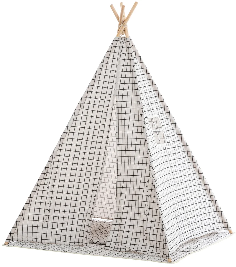 Tente tipi pour enfants avec toile damier gris poteaux en bois APE10003