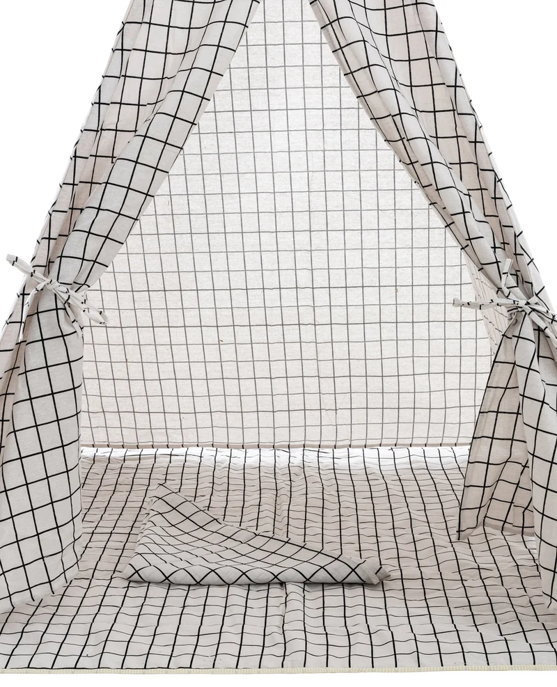 Tente tipi pour enfants avec toile damier gris poteaux en bois APE10003