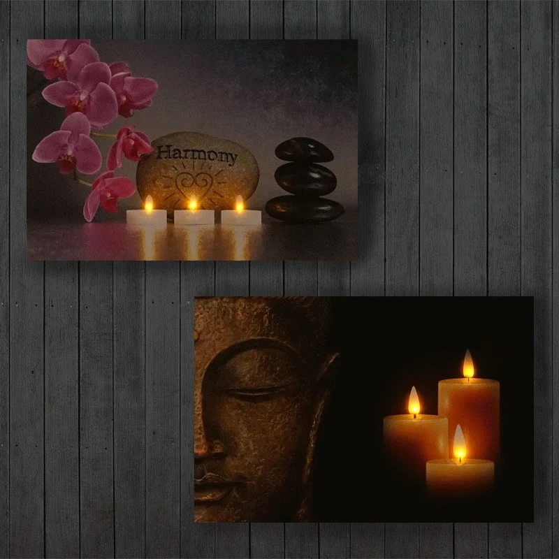 Toile de décoration murale x2 LED tableau illuminé motif bouddha DEC04016