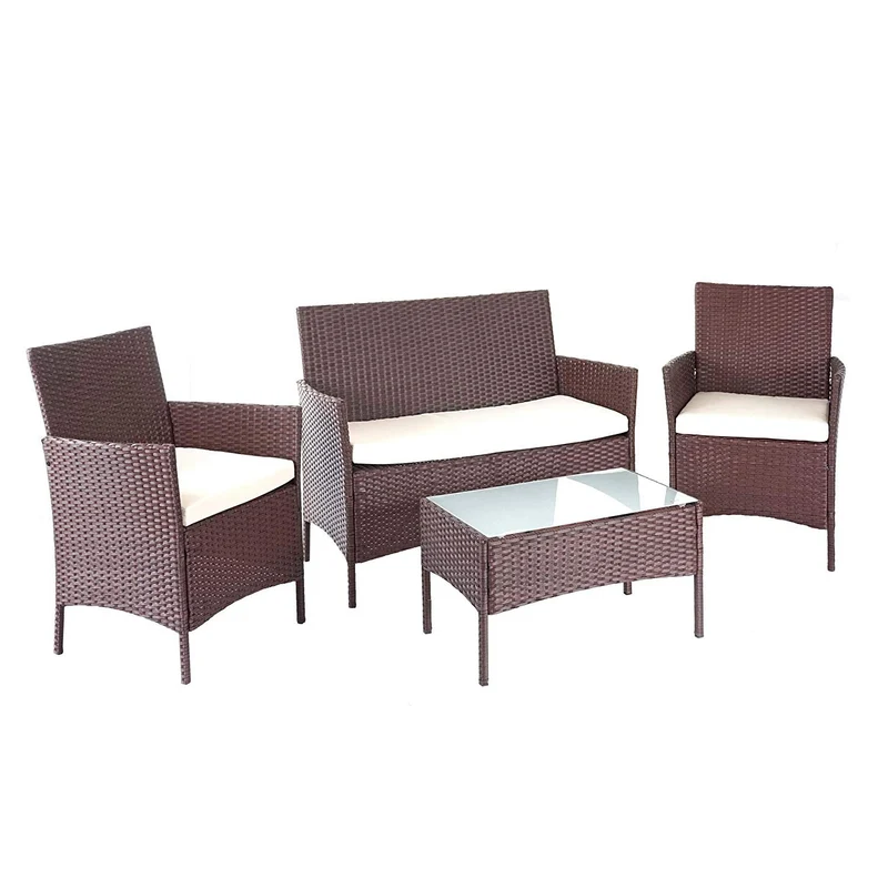 Salon de jardin avec fauteuils banc et table en poly-rotin marron et coussin crème MDJ04146