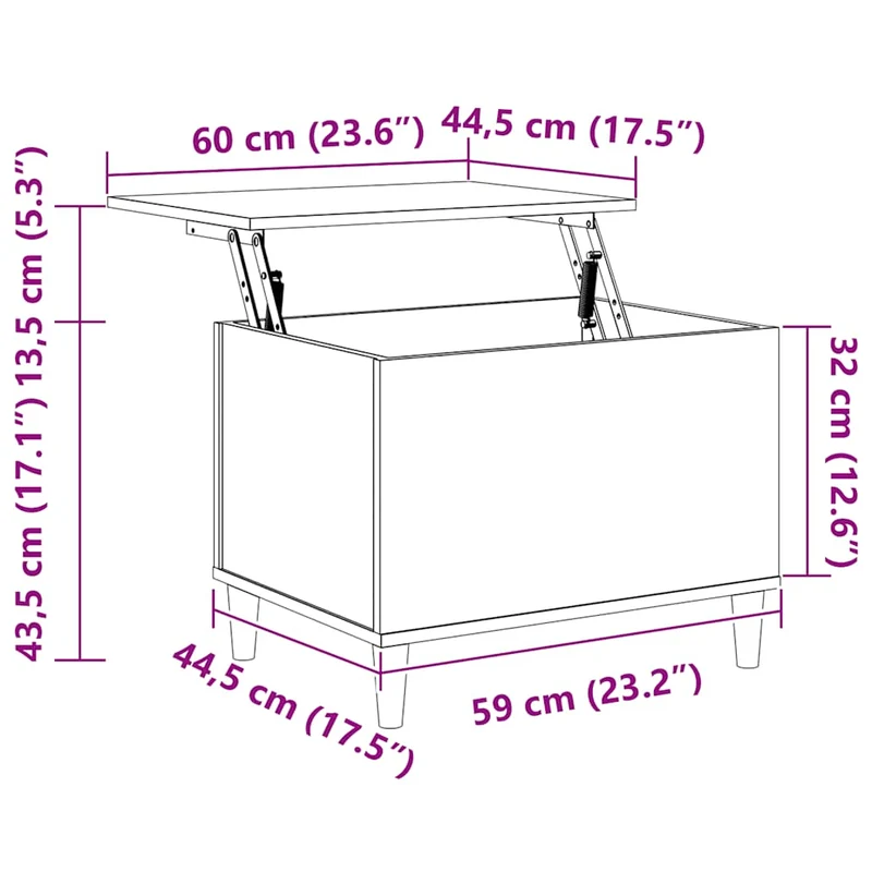 Table basse avec plateau relevable design moderne et contemporain 60 x 44,5 x 45 cm bois d'ingénierie gris DEC039317