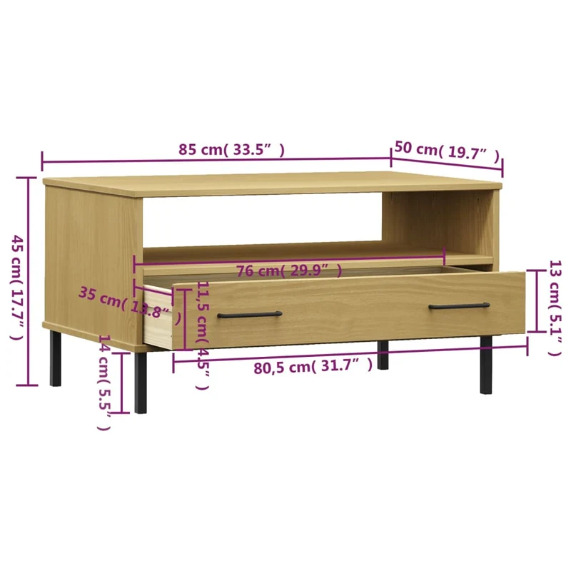 Table basse de salon avec tiroir design moderne avec pieds en métal 85 x 50 x 45 cm bois marron DEC037717