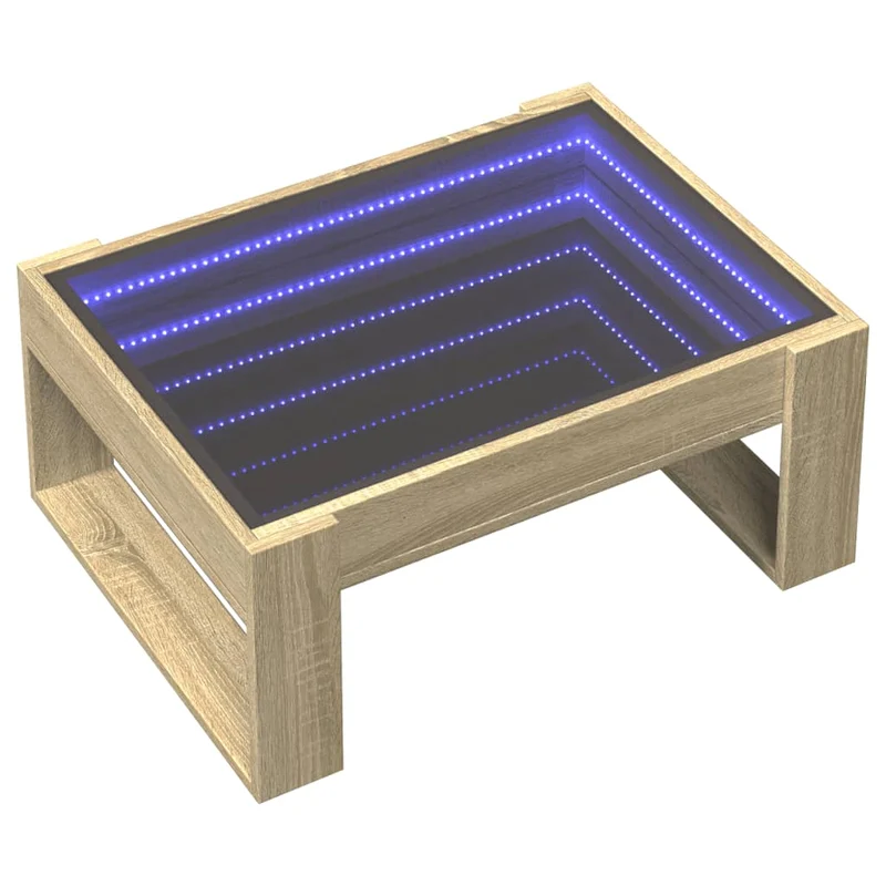 Table basse de salon design moderne avec LED 70 x 53 x 30 cm bois d'ingénierie couleur chêne et verre DEC037488