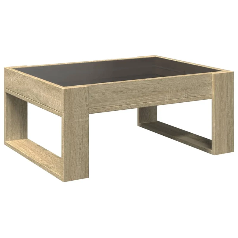 Table basse de salon design moderne avec LED 70 x 53 x 30 cm bois d'ingénierie couleur chêne et verre DEC037488
