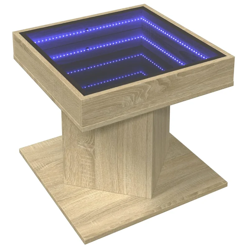 Table basse de salon design moderne avec LED 50 x 50 x 45 cm bois d'ingénierie couleur chêne et verre DEC037414