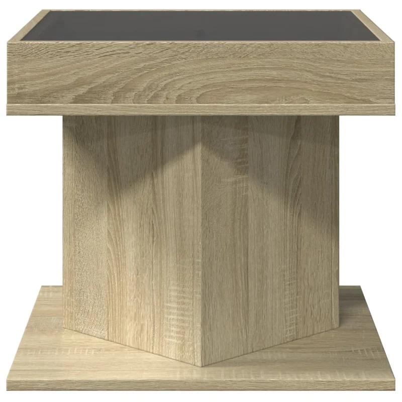 Table basse de salon design moderne avec LED 50 x 50 x 45 cm bois d'ingénierie couleur chêne et verre DEC037414