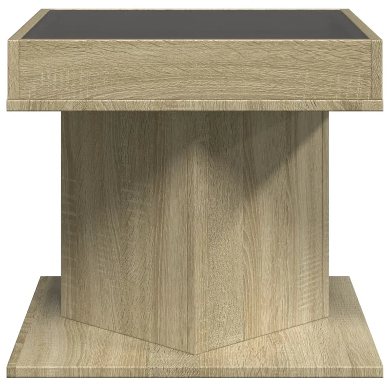 Table basse de salon design moderne avec LED 50 x 50 x 45 cm bois d'ingénierie couleur chêne et verre DEC037414
