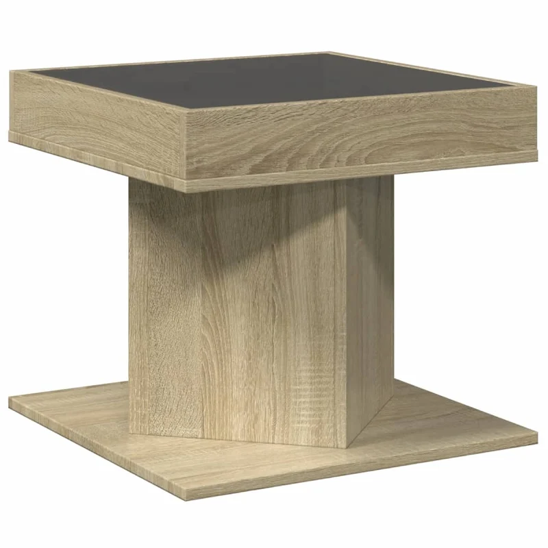 Table basse de salon design moderne avec LED 50 x 50 x 45 cm bois d'ingénierie couleur chêne et verre DEC037414