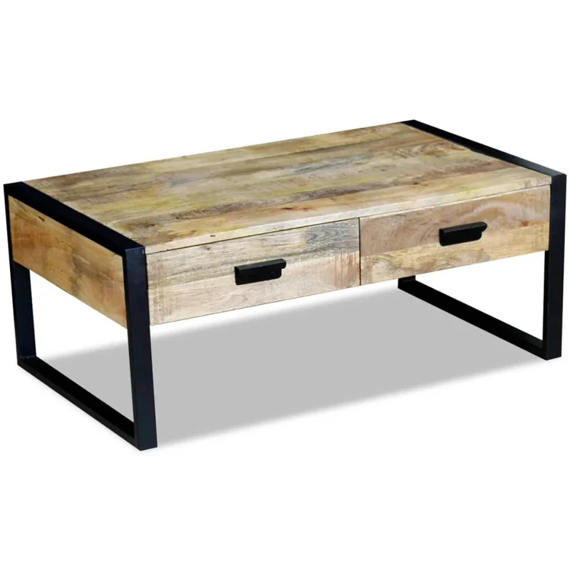 Table basse de salon design industriel avec 2 tiroirs en bois de manguier massif 100 x 60 x 40 cm DEC037317