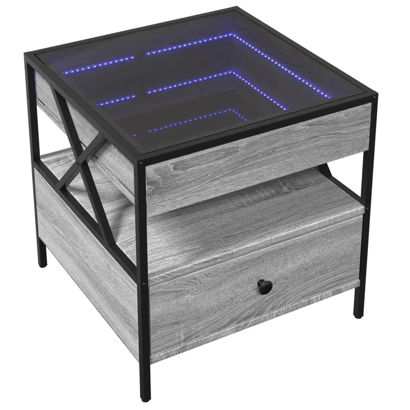 Table basse de salon avec tiroir et étagère design moderne avec LED 50 x 50 x 51 cm bois d'ingénierie gris verre et métal DEC037573