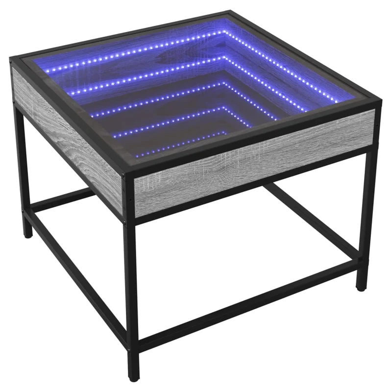 Table basse de salon design moderne avec LED 50 x 50 x 41 cm bois d'ingénierie gris verre et métal DEC037572