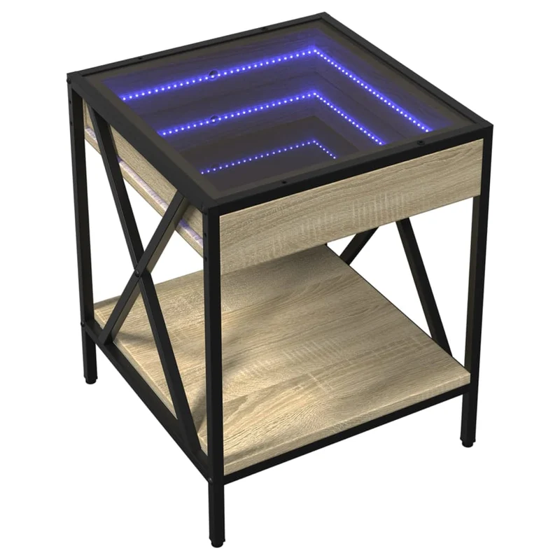 Table basse de salon design moderne avec LED 40 x 40 x 49 cm bois d'ingénierie verre et métal DEC037559