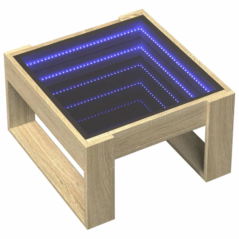 Table basse de salon design moderne avec LED 50 x 53 x 30 cm bois d'ingénierie couleur chêne et verre DEC037483