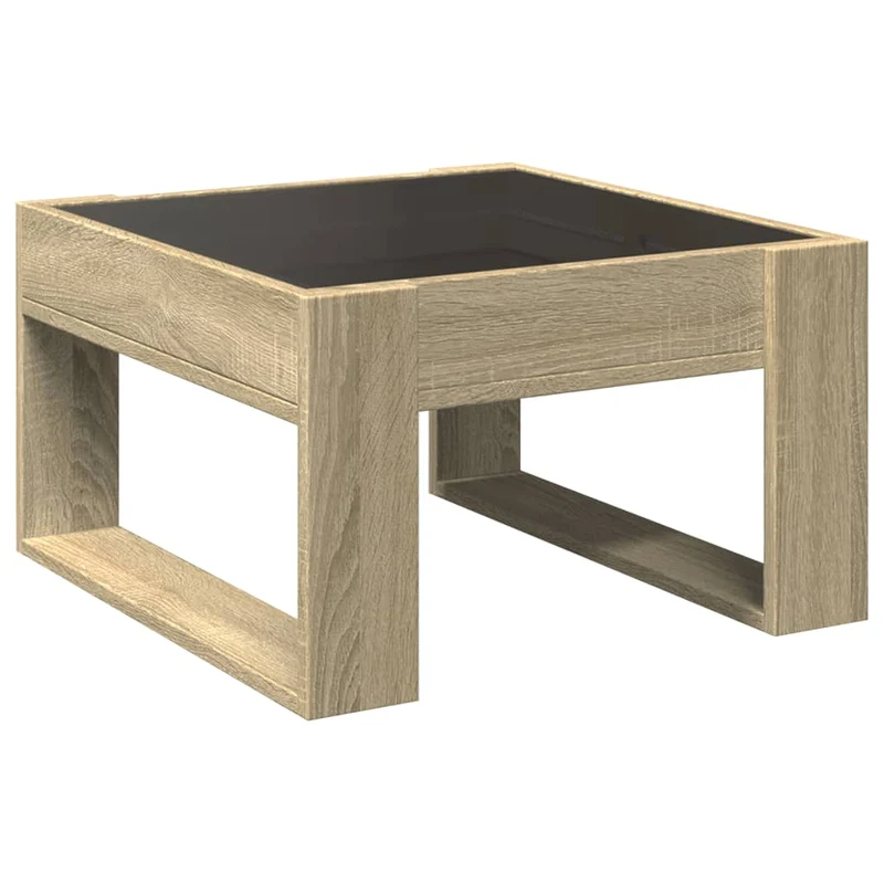 Table basse de salon design moderne avec LED 50 x 53 x 30 cm bois d'ingénierie couleur chêne et verre DEC037483