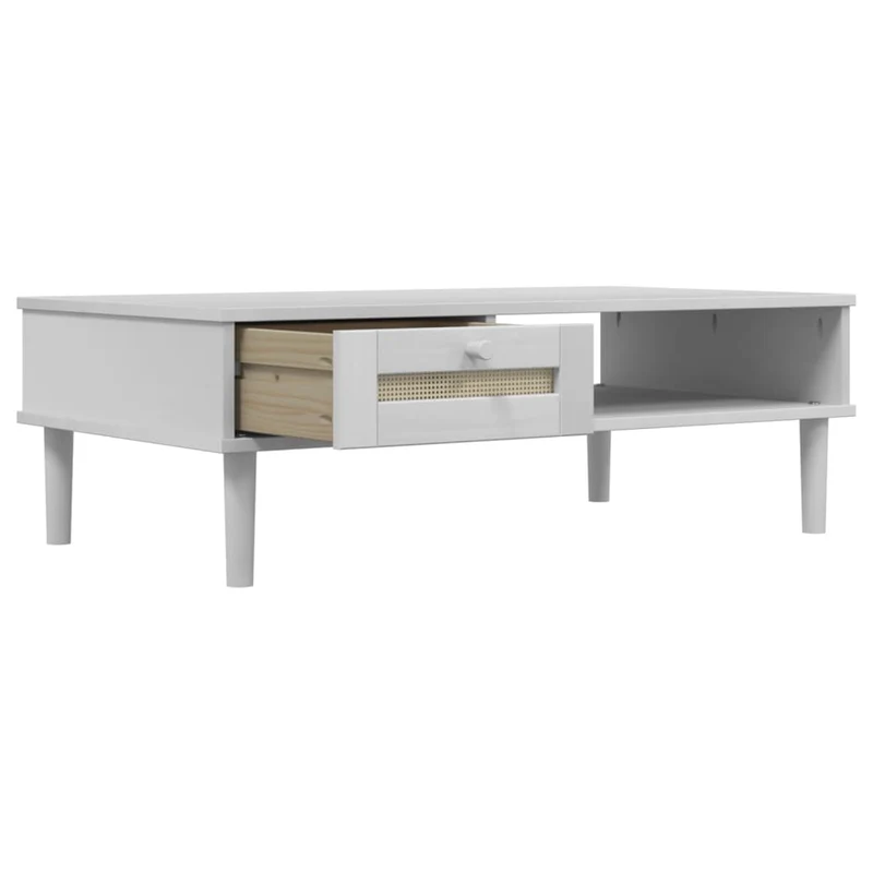 Table basse avec tiroir design moderne et contemporaine aspect rotin 100 x 55 x 33 cm bois massif blanc DEC039921