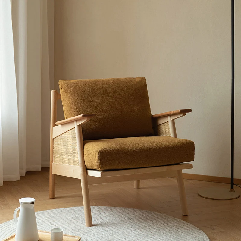 Contemporary Scandinavian Square Rattan Ash Wood Accent Chair Backrest For Living Room