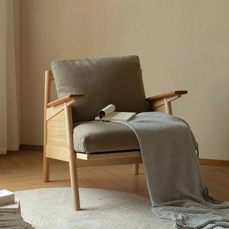 Contemporary Scandinavian Square Rattan Ash Wood Accent Chair Backrest For Living Room