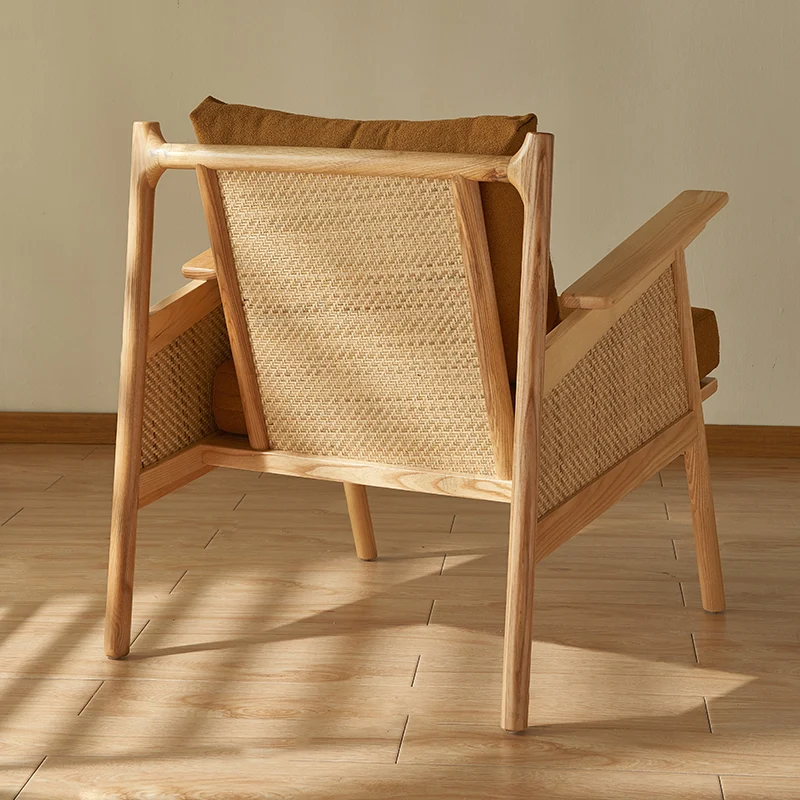 Contemporary Scandinavian Square Rattan Ash Wood Accent Chair Backrest For Living Room
