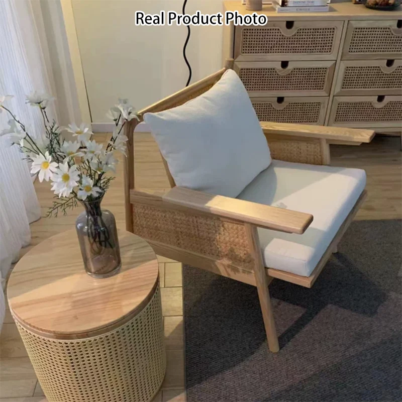 Contemporary Scandinavian Square Rattan Ash Wood Accent Chair Backrest For Living Room