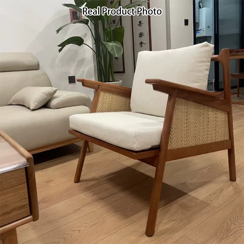 Contemporary Scandinavian Square Rattan Ash Wood Accent Chair Backrest For Living Room