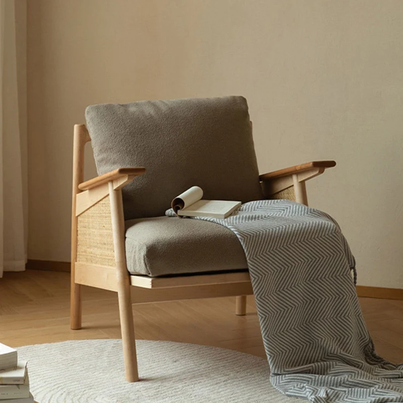 Contemporary Scandinavian Square Rattan Ash Wood Accent Chair Backrest For Living Room