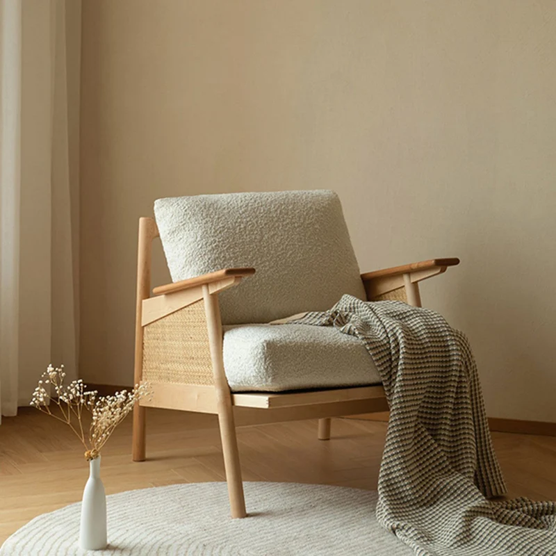 Contemporary Scandinavian Square Rattan Ash Wood Accent Chair Backrest For Living Room