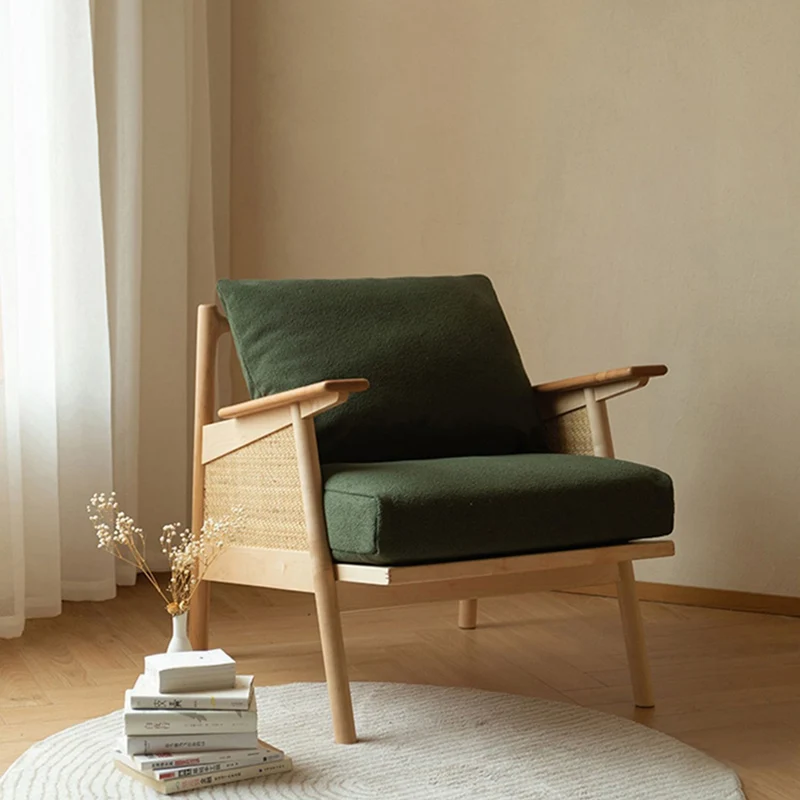 Contemporary Scandinavian Square Rattan Ash Wood Accent Chair Backrest For Living Room