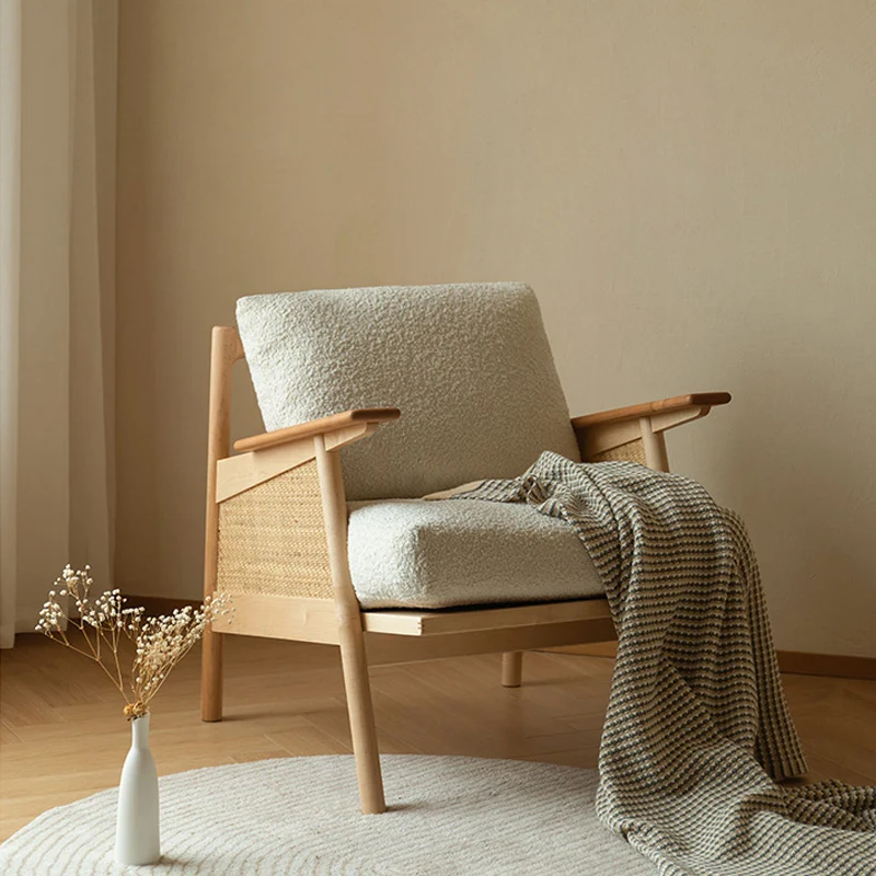 Contemporary Scandinavian Square Rattan Ash Wood Accent Chair Backrest For Living Room
