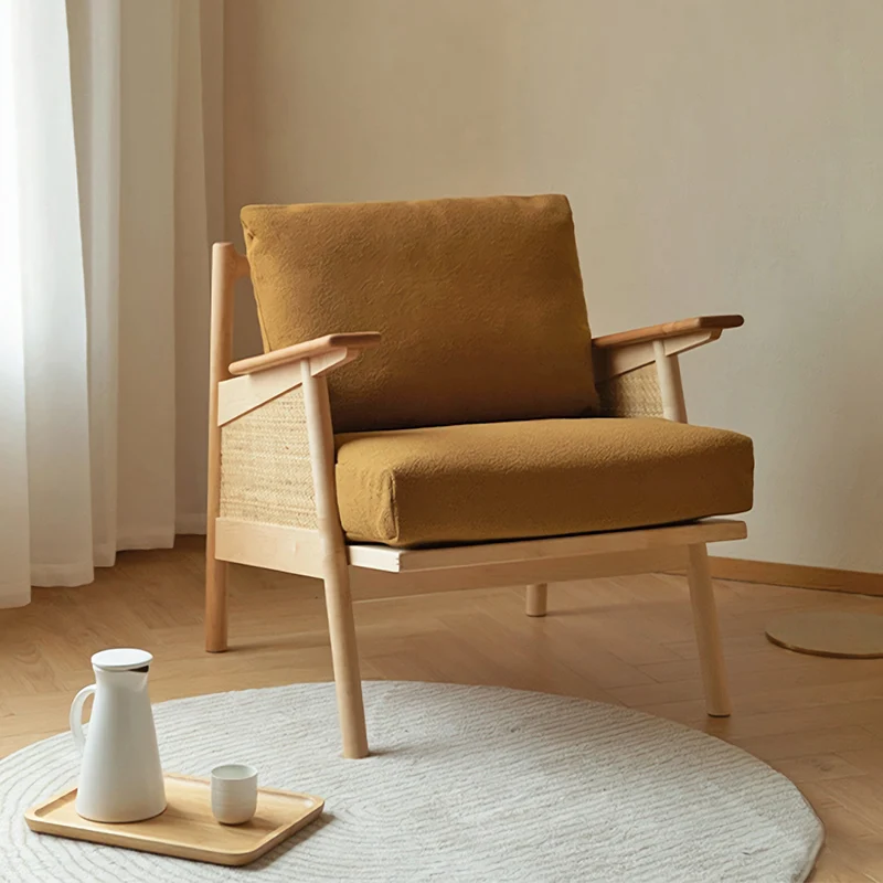 Contemporary Scandinavian Square Rattan Ash Wood Accent Chair Backrest For Living Room