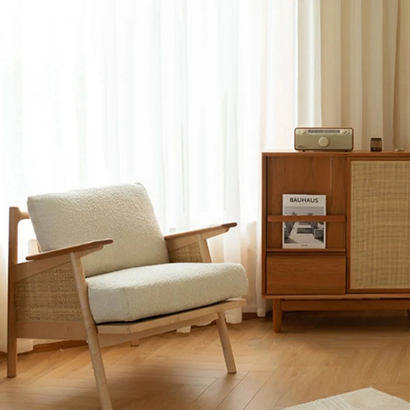 Contemporary Scandinavian Square Rattan Ash Wood Accent Chair Backrest For Living Room