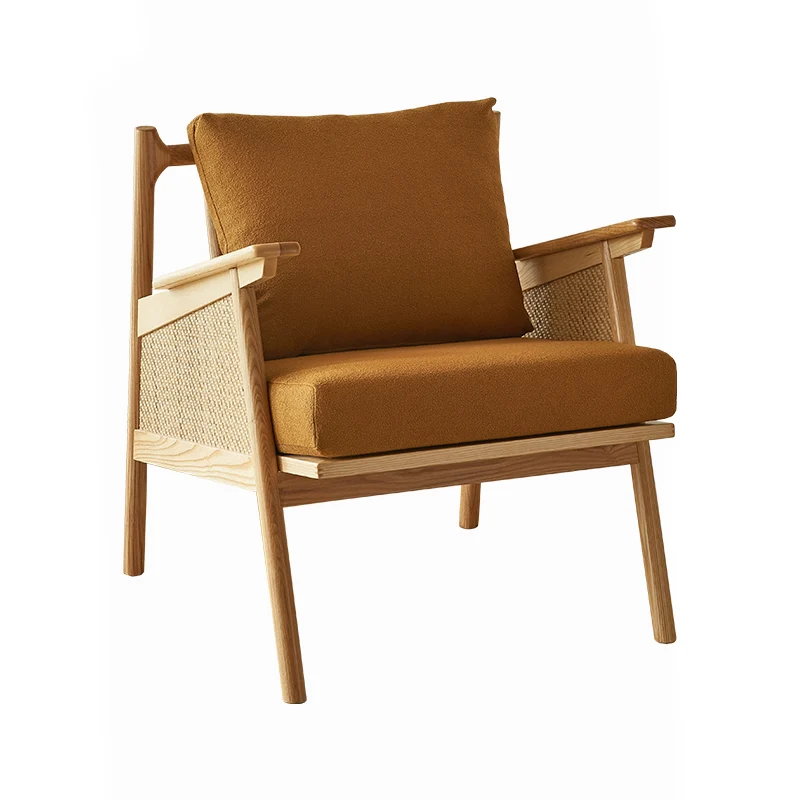 Contemporary Scandinavian Square Rattan Ash Wood Accent Chair Backrest For Living Room