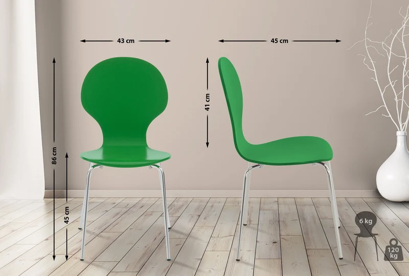 Lot de 4 chaises de cuisine salle à manger empilables dossier arrondi en bois vert et métal chromé 10_0003176