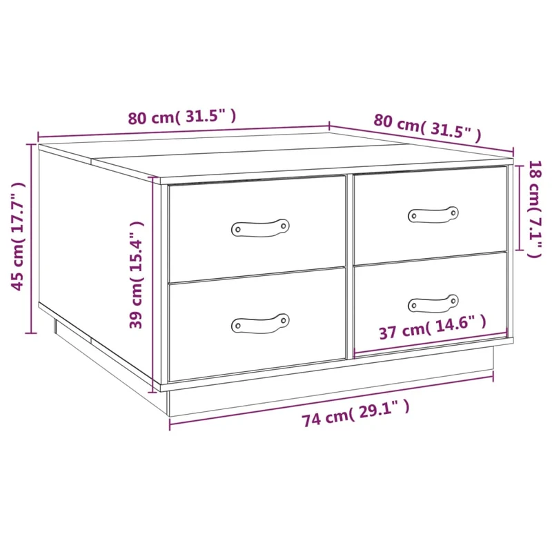 Table basse avec 4 tiroirs design moderne et contemporain 80 x 80 x 45 cm bois massif de pin noir DEC039795