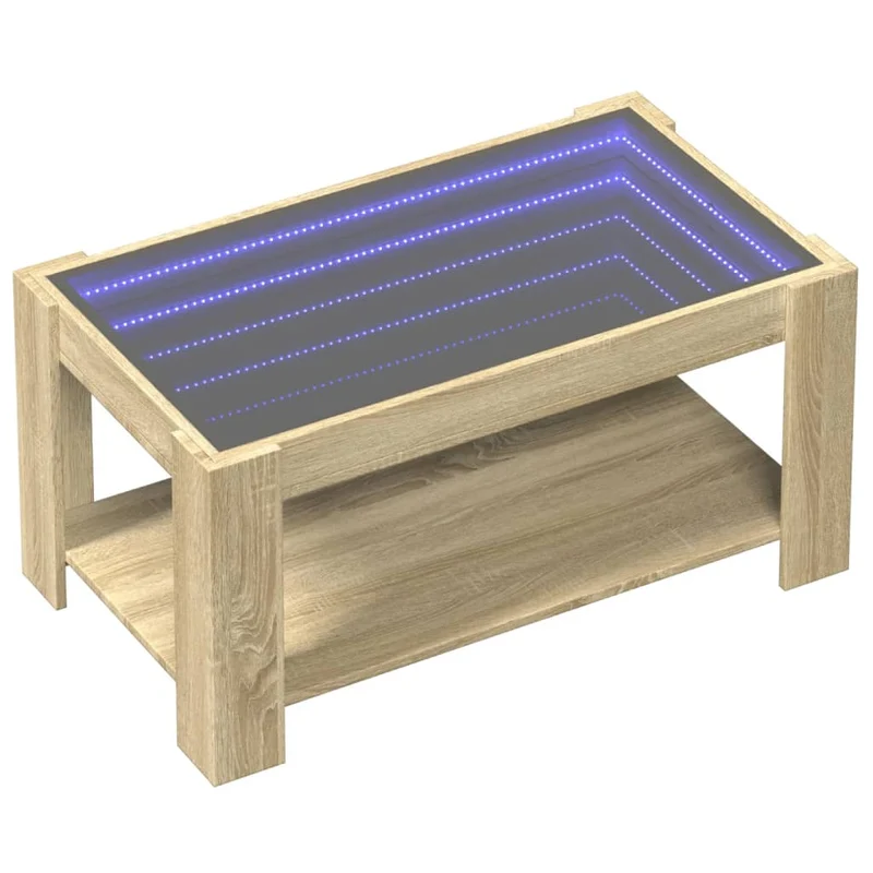 Table basse de salon design moderne avec LED 93 x 53 x 45 cm bois d'ingénierie couleur chêne et verre DEC037422
