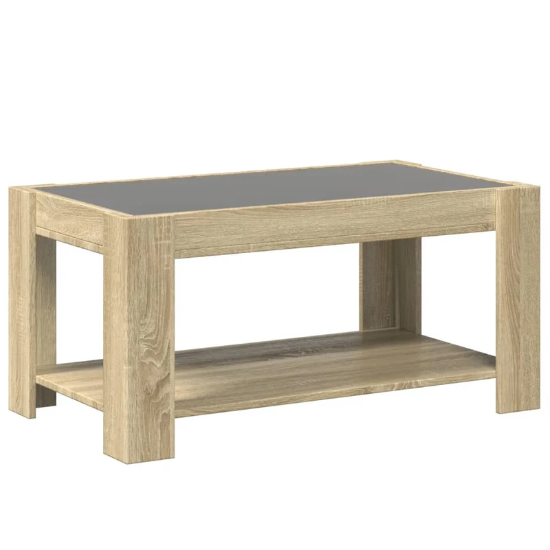 Table basse de salon design moderne avec LED 93 x 53 x 45 cm bois d'ingénierie couleur chêne et verre DEC037422