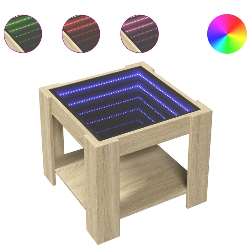 Table basse de salon design moderne avec LED 53 x 53 x 45 cm bois d'ingénierie couleur chêne et verre DEC037416