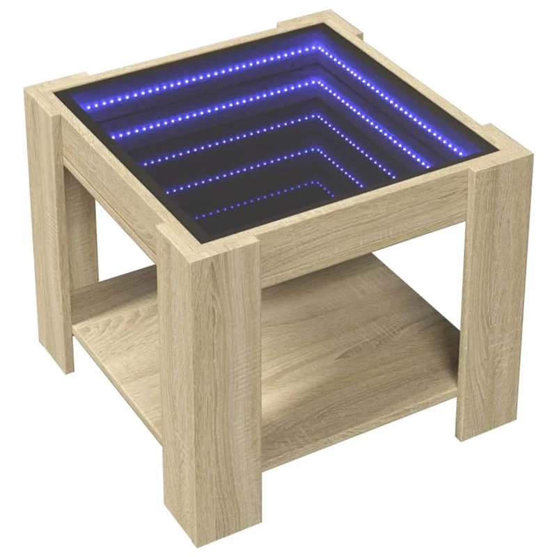 Table basse de salon design moderne avec LED 53 x 53 x 45 cm bois d'ingénierie couleur chêne et verre DEC037416