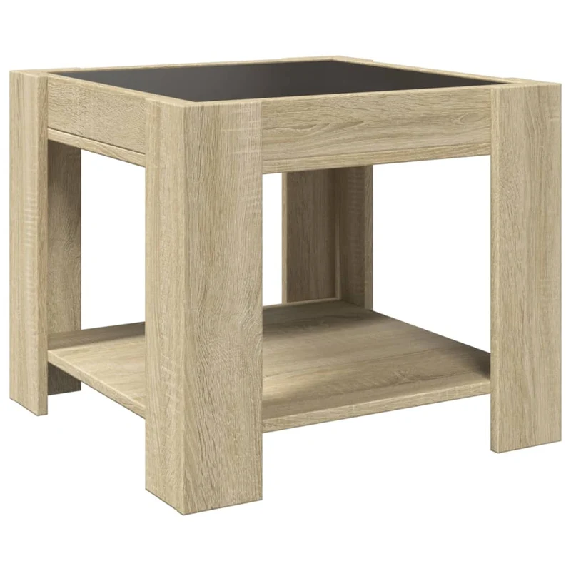 Table basse de salon design moderne avec LED 53 x 53 x 45 cm bois d'ingénierie couleur chêne et verre DEC037416