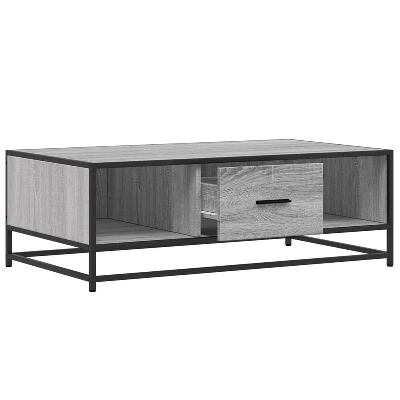 Table basse avec tiroir et compartiments ouverts style industriel 100 x 57 x 35 cm bois d'ingénierie gris et métal DEC039966