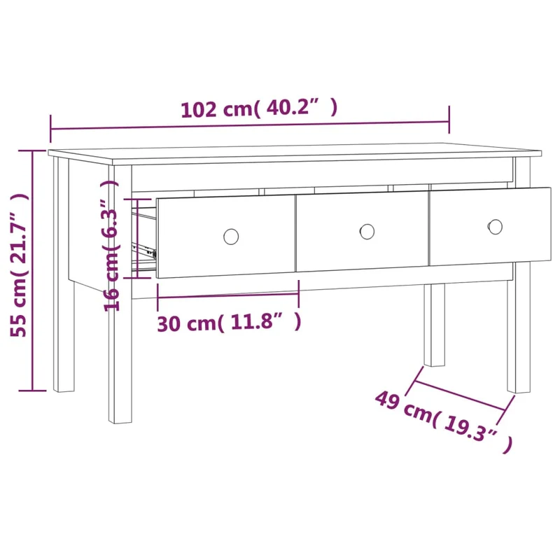 Table basse avec 3 tiroirs design moderne et contemporain 102 x 49 x 55 cm bois massif de pin marron DEC039463